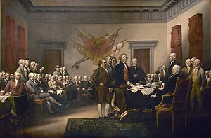 John Trumbull's Declaration of Independence, showing the five-man committee in charge of drafting the Declaration in 1776 as it presents its work to the Second Continental Congress in Philadelphia (Wikipedia)